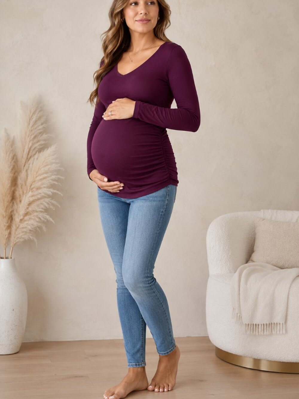 Motherhood Maternity Long Sleeve Ruched Top Medium Burgundy V-Neck Pregnancy